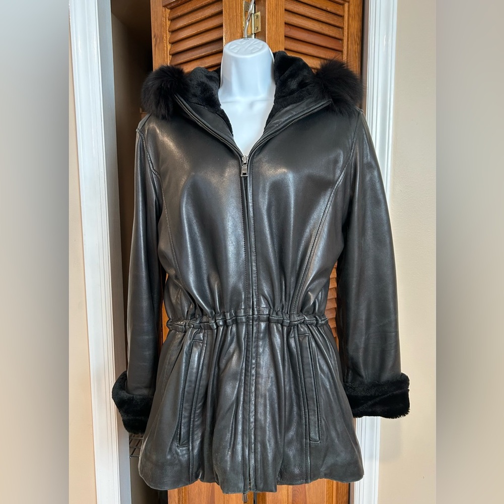 Andrew Marc Black Leather Jacket with Fur Trim